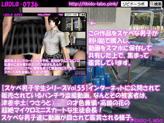 ●【スケベ男子学生シリーズVol.55】インターネットに公開されて販売されているパンチラ盗撮動画。なんとその被害者は、津差宇土（つさうと）学校の才色兼備・高値の花の超絶マイクロミニスカートな生徒会長！スケベな男子達に動画が回されて鑑賞される様子。 (同人誌)