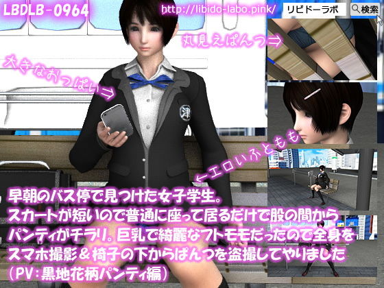 早朝のバス停で見つけた女子学生。スカートが短いので普通に座って居るだけで股の間からパンティがチラリ。巨乳で綺麗なフトモモだったので全身をスマホ撮影＆椅子の下からぱんつを盗撮してやりました（PV:黒地花柄パンティ編） (同人誌)
