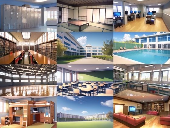 【アニメ調の学校や学園系背景】著作権フリーの高解像度画像（100枚） (同人誌)