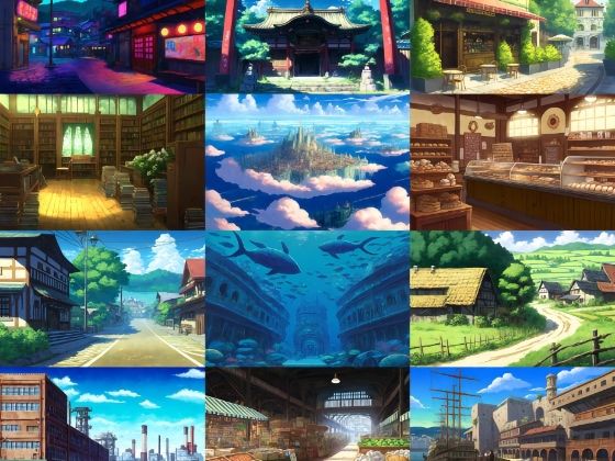 【アニメ映画風の街や施設の背景】著作権フリーの高解像度画像（100枚） (同人誌)