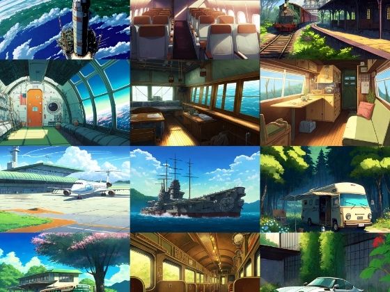 【アニメ映画風の乗り物系の背景】著作権フリーの高解像度画像（100枚） (同人誌)