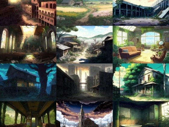 【アニメ映画風の廃墟系背景】著作権フリーの高解像度画像（100枚） (同人誌)