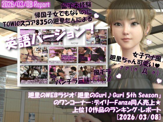 【▲20】英語★廻里の自撮りWEBラジオ『廻里のGuriGuri（グリグリ）5thシーズン』のワンコーナー:デイリーFanza同人売上★上位10作品のランキング・レポート［2026/03/08］